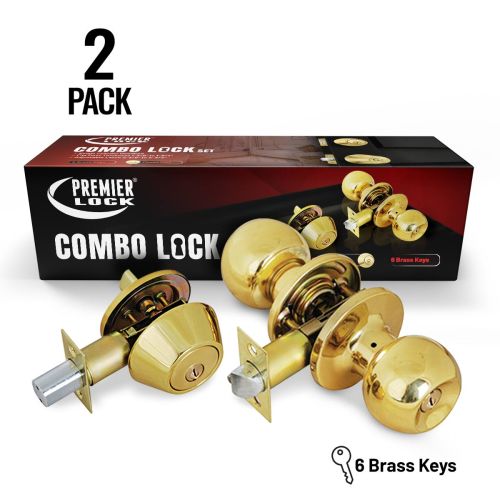 Solid Brass Entry Lock Set Door Knob & Deadbolt with 12 KW1 Keys, (2-Pack, Keyed Alike)