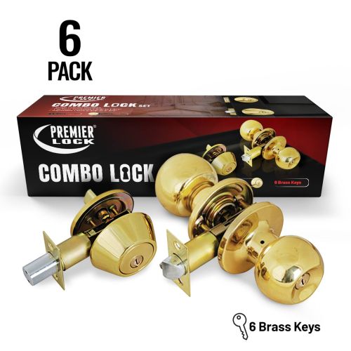 Solid Brass Entry Lock Set Door Knob & Deadbolt with 36 KW1 Keys, (6-Pack, Keyed Alike)