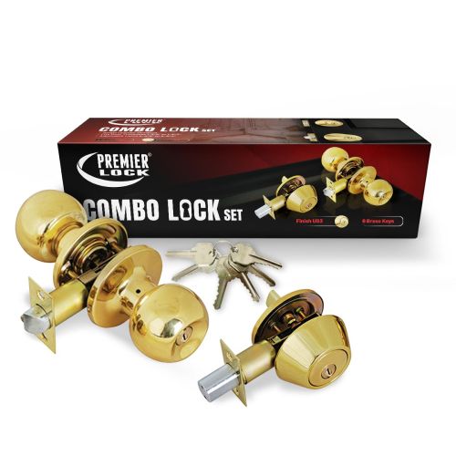 Solid Brass Entry Door Knob Combo Lock Set with Deadbolt and 6 KW1 Keys - Boxed Keyed Different