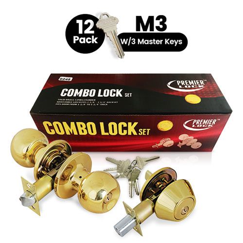 Solid Brass Entry Door Knob Combo Lock Set with Deadbolt and 6 SC1 Keys- 12 Pack with 3 Master Keys (M3)