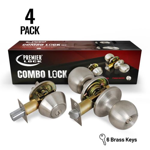 Stainless Steel Entry Lock Set Door Knob & Deadbolt with 24 SC1 Keys, (4-Pack, Keyed Alike)