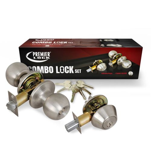 Stainless Steel Entry Door Knob Combo Lock Set with Deadbolt and 6 KW1 Keys-Boxed Keyed Different