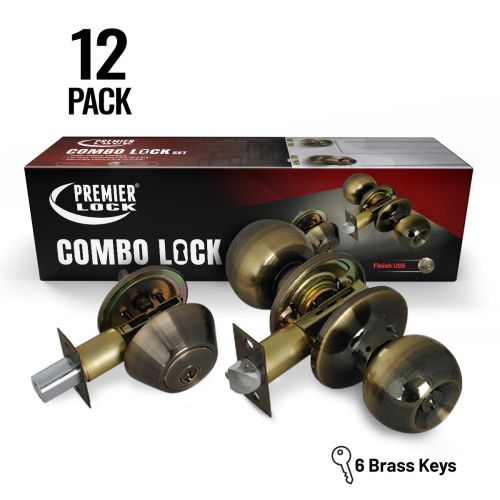 Antique Brass Entry Lock Set Door Knob & Deadbolt with 72 KW1 Keys, (12-Pack, Keyed Alike)