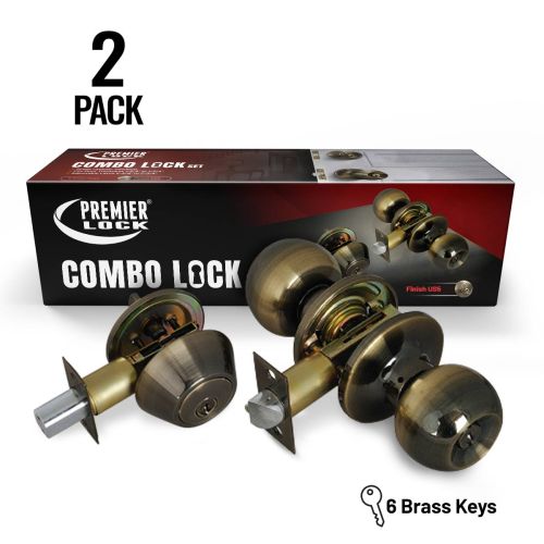 Antique Brass Entry Lock Set Door Knob & Deadbolt with 12 KW1 Keys, (2-Pack, Keyed Alike)
