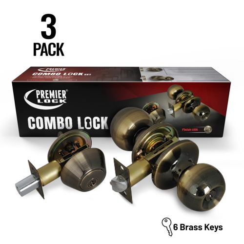 Antique Brass Entry Lock Set Door Knob & Deadbolt with 18 SC1 Keys, (3-Pack, Keyed Alike)