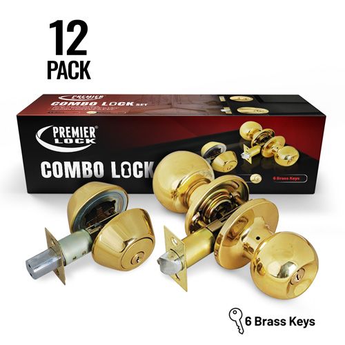 Solid Brass Entry Door Knob Combo Lock Set with Double Cylinder Deadbolt and 72 KW1 Keys, (12-Pack, Keyed Alike)