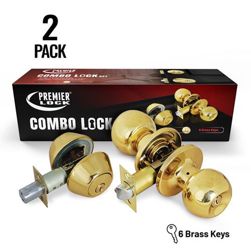 Solid Brass Entry Door Knob Combo Lock Set with Double Cylinder Deadbolt and 12 KW1 Keys, (2-Pack, Keyed Alike)