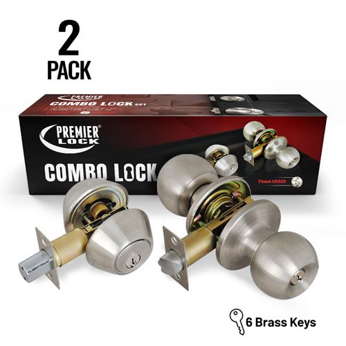 Stainless Steel Entry Door Knob Combo Lock Set with Double Cylinder Deadbolt and 12 KW1 Keys, (2-Pack, Keyed Alike)