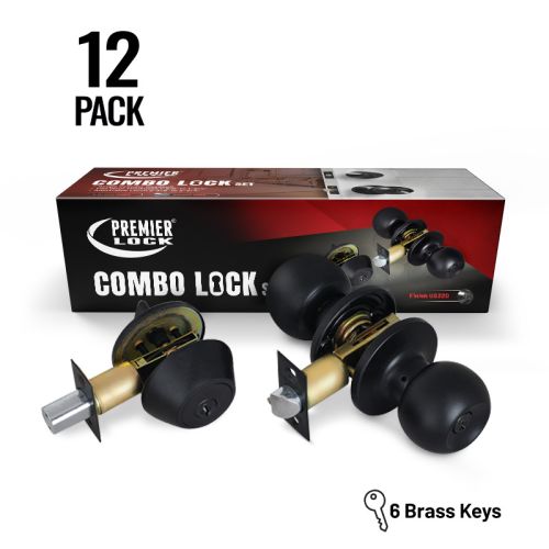 Black Entry Lock Set Door Knob & Deadbolt with 72 KW1 Keys, (12-Pack, Keyed Alike)