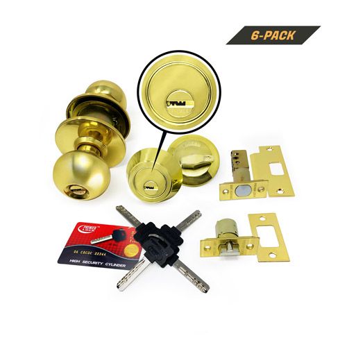 Lot of 6 High Security Keyed Combo Lock Set - Brass Finish US3 - Door Knob and Deadbolt - Keyed Alike with 24 Keys and 12 Cards