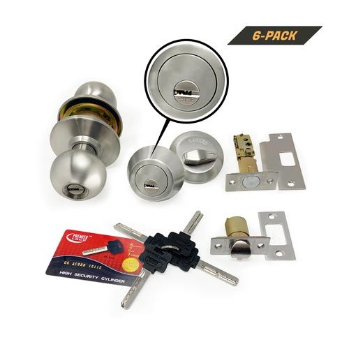 Lot of 6 High Security Keyed Combo Lock Set - Stainless Steel Finish US32D - Door Knob and Deadbolt - Keyed Alike with 24 Keys and 12 Cards